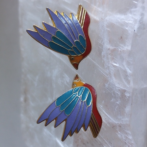 LAUREL BURCH "CELESTE" ENAMEL EARRINGS CLIP RED PURPLE GREEN SIGNED - Picture 2 of 4